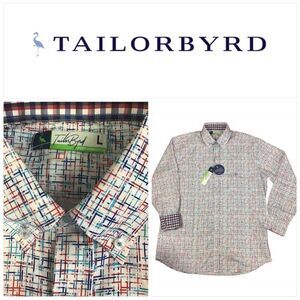Tailorbyrd Performance Red & Blue Hash Mark Print Ling Sleeve Flip Cuff Shirt